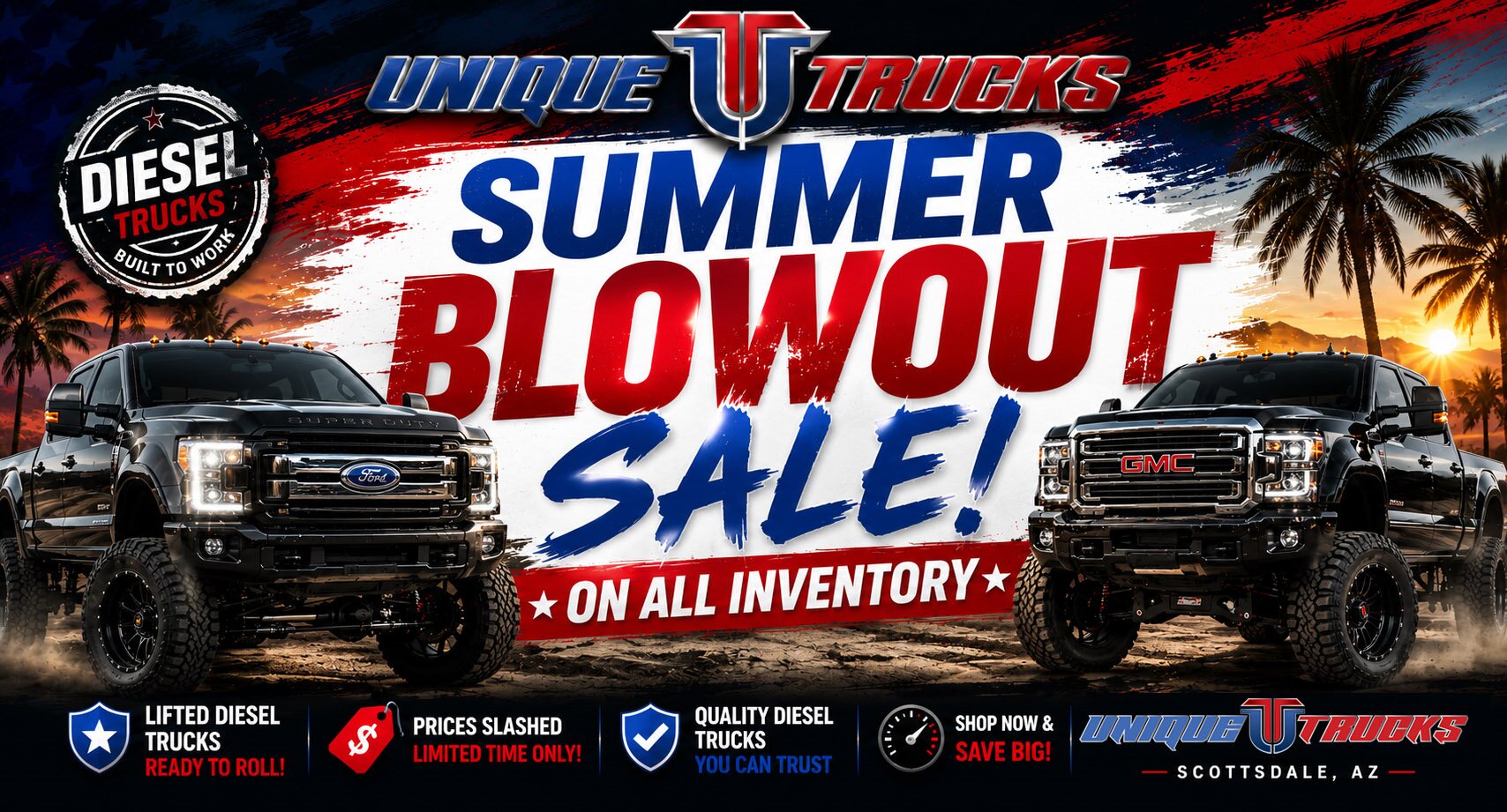 Summer Inventory Blowout Sale on lifted diesel trucks at Unique Trucks in Scottsdale, Arizona
