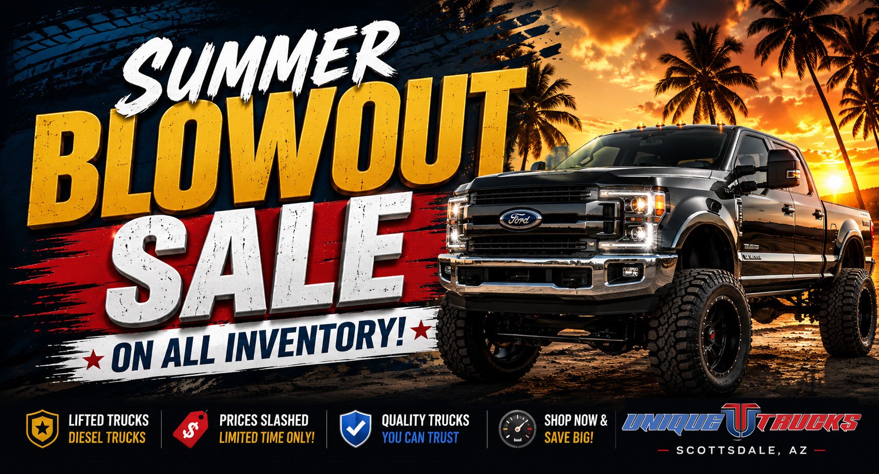 Summer Inventory Blowout Sale on lifted diesel and used trucks at Unique Trucks in Scottsdale, Arizona