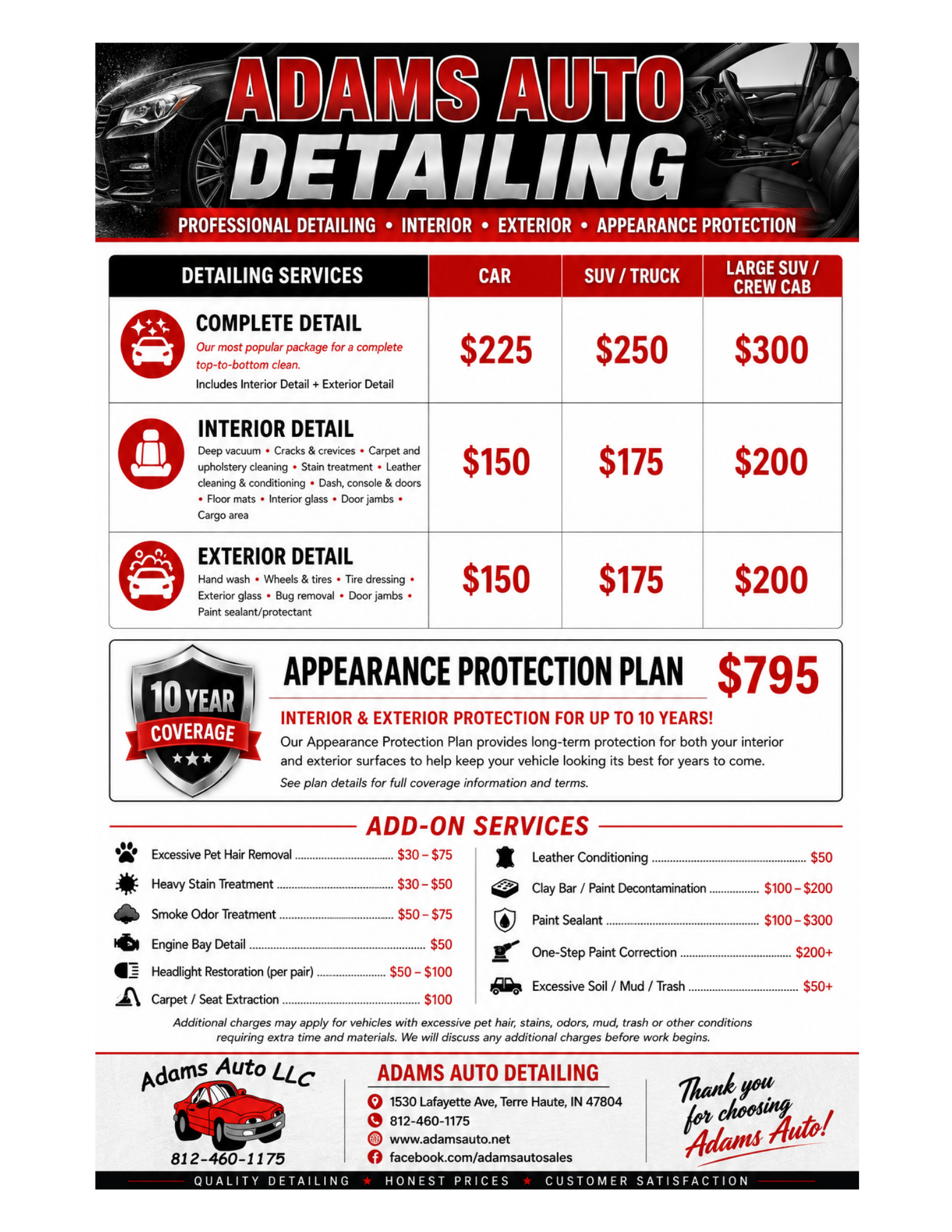 adams auto detailing pricing sheet