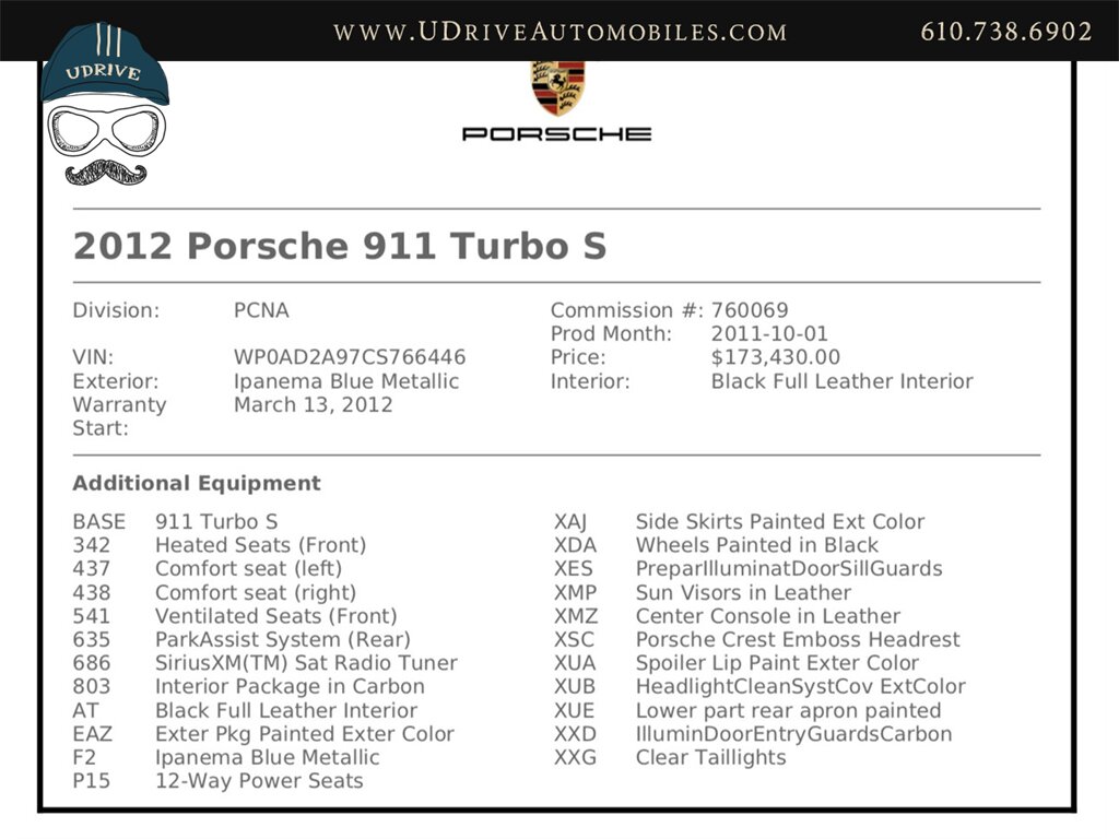 2012 Porsche 911 Turbo S 997.2 RARE Ipanema Blue 13k Miles  Vent Sts Carbon Fiber Pntd Exter Pkg Blk Centerlock Whls $173k MSRP - Photo 2 - West Chester, PA 19382