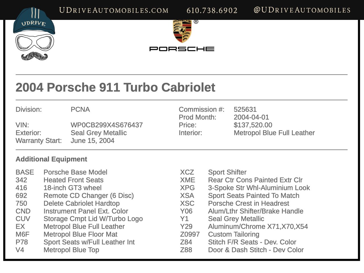 2004 Porsche 911 Turbo  Cabriolet Spt Seats Pntd Seat Backs Sport Shift Deviated Stitch Blue Lthr Blue Top Pntd Console Serv Hist - Photo 2 - West Chester, PA 19382