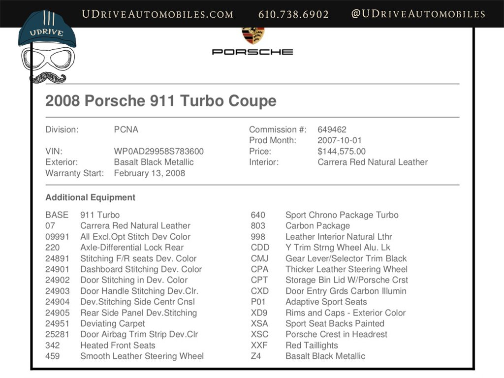 2008 Porsche 911 Turbo  997 Adap Sprt Sts Pntd Backs Dev Stitch Diff Lock Carbon Fiber $144k MSRP 1of a Kind - Photo 2 - West Chester, PA 19382