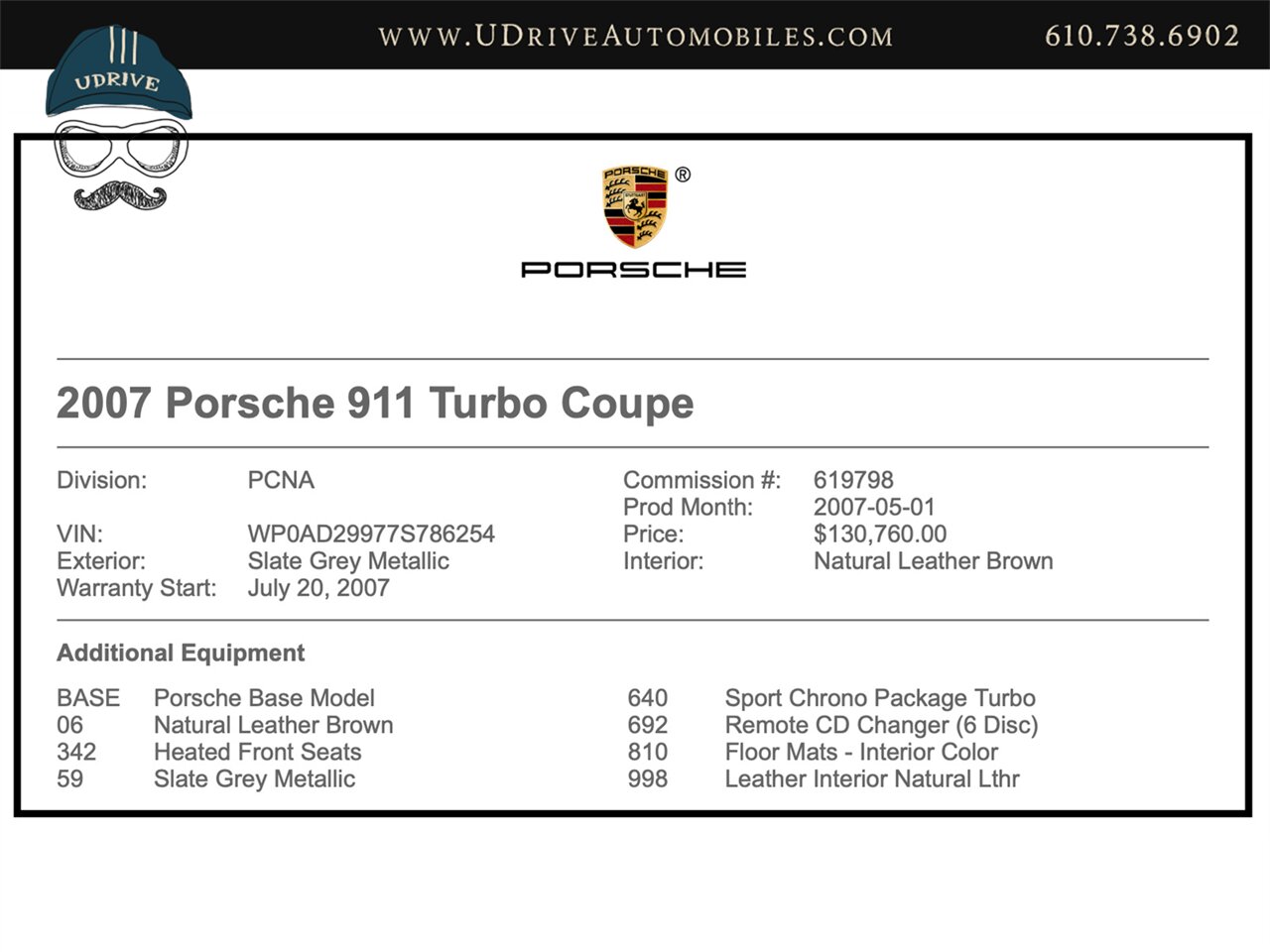 2007 Porsche 911 Turbo  997 6 Speed Manual Slate Grey Brown Natural Lthr Chrono Service History - Photo 2 - West Chester, PA 19382