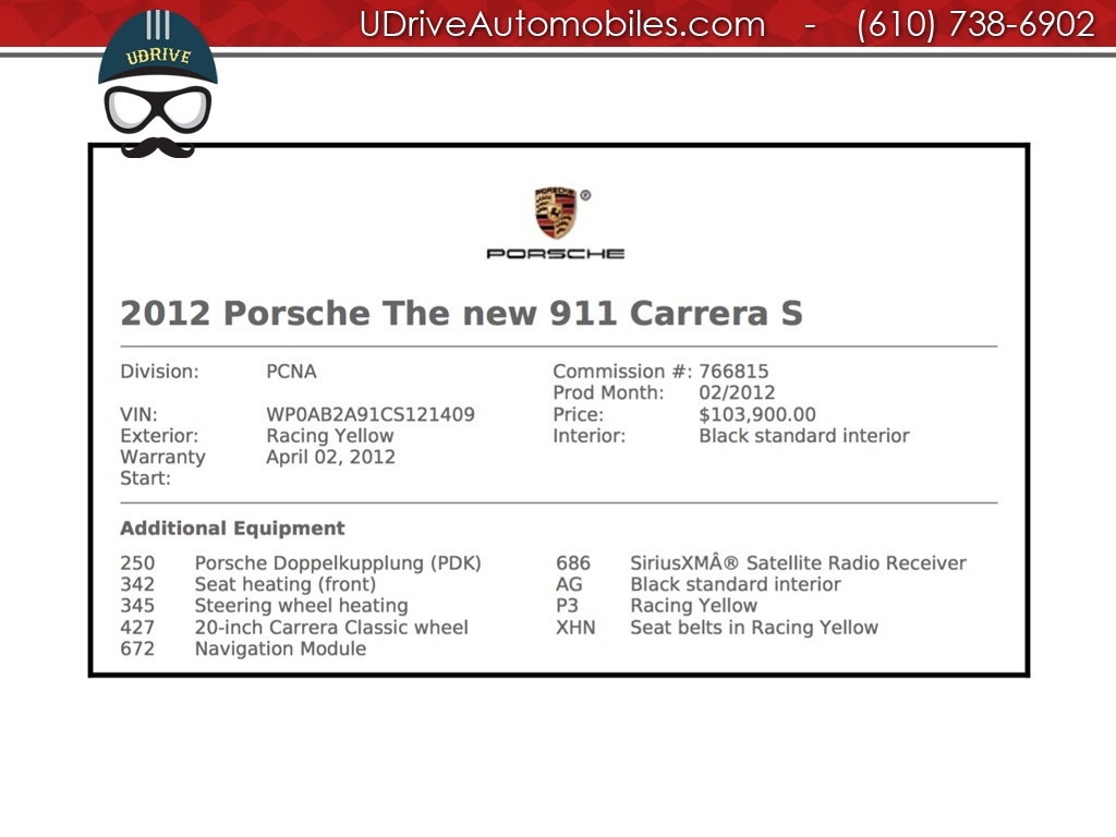 2012 Porsche 911 S 991S PDK 20in Wheels Racing Yellow Heated Seats   - Photo 2 - West Chester, PA 19382