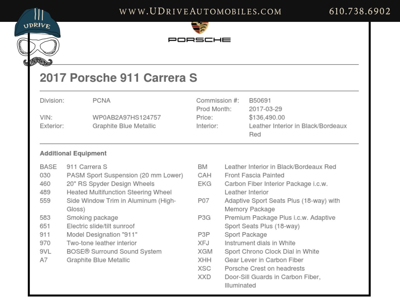 2017 Porsche 911 991 Carrera S 6 Speed Sport Pkg Prem Pkg PASM  18 Way Adap Sport Sts RS Spyder Whls $136k MSRP - Photo 2 - West Chester, PA 19382