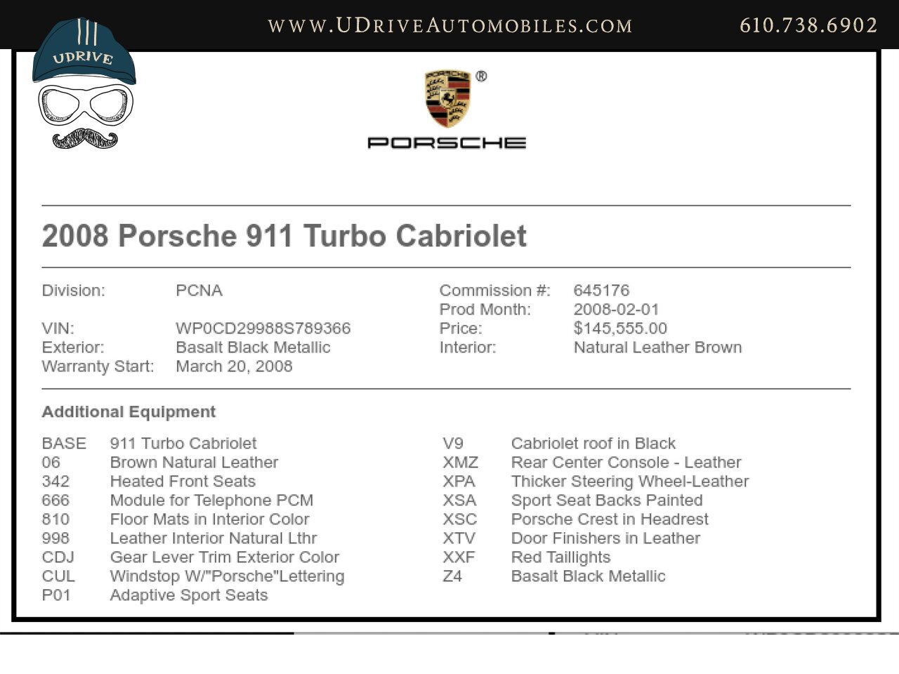 2008 Porsche 911 Turbo Cabriolet 6 Speed 997 Adap Sport Seats  Nat Brown Full Lthr Pntd Hardback Sts - Photo 2 - West Chester, PA 19382