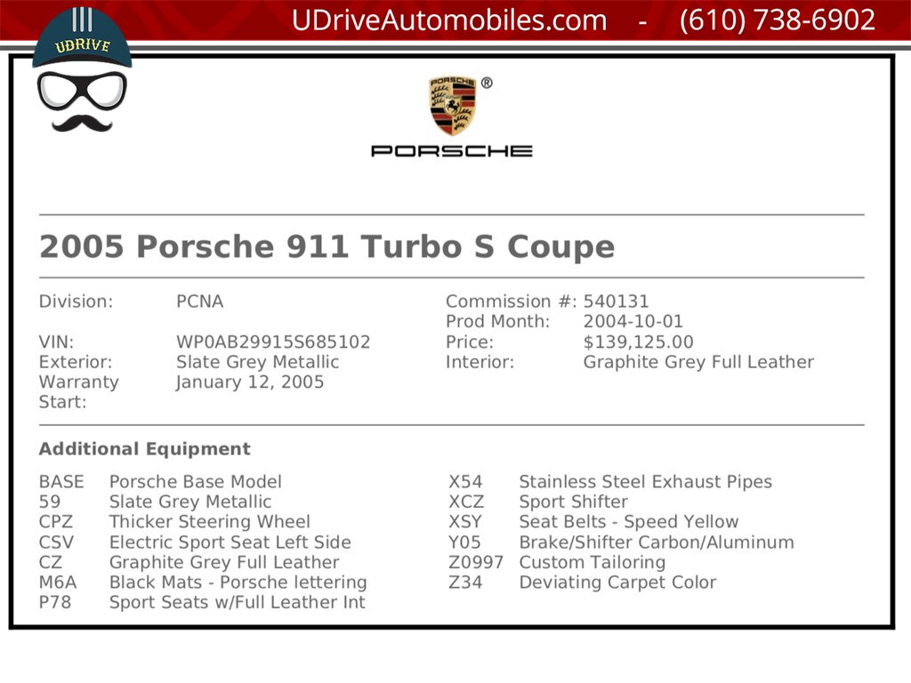 2005 Porsche 911 996 Turbo S Slate Grey Sport Seats Yellow Belts  Sport Shifter Deviating Carpet $139k MSRP - Photo 2 - West Chester, PA 19382