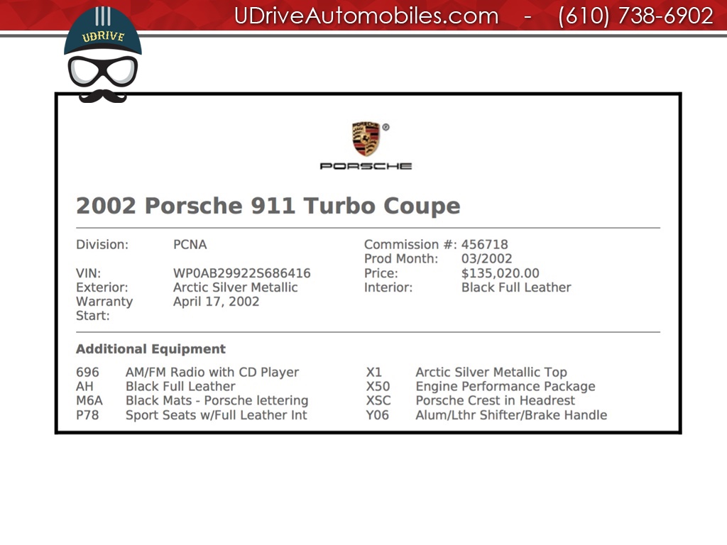 2002 Porsche 911 996 Turbo X50 6 Speed Sport Seats Service History  $136k MSRP 26k Miles - Photo 2 - West Chester, PA 19382