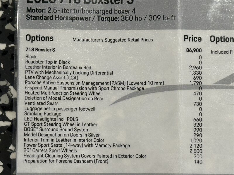 2025 Porsche 718 Boxster S  6 Speed Manual 20's Chrono PASM PTV LCA Factory Warranty