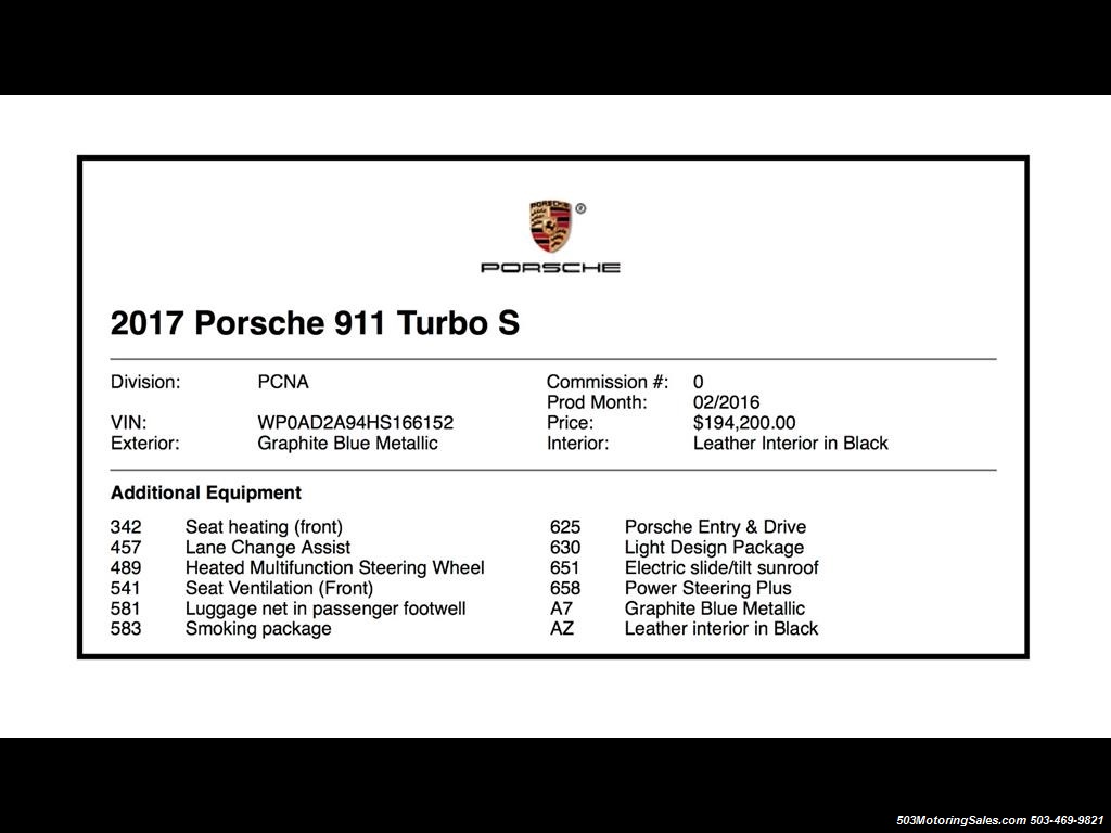 2017 Porsche 911 Turbo S; Graphite Blue/Black, Perfect Spec!   - Photo 57 - Beaverton, OR 97005