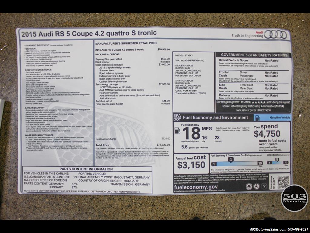 2015 Audi RS 5 4.2 quattro, Sepang Blue w/ Only 4900 Miles!   - Photo 50 - Beaverton, OR 97005