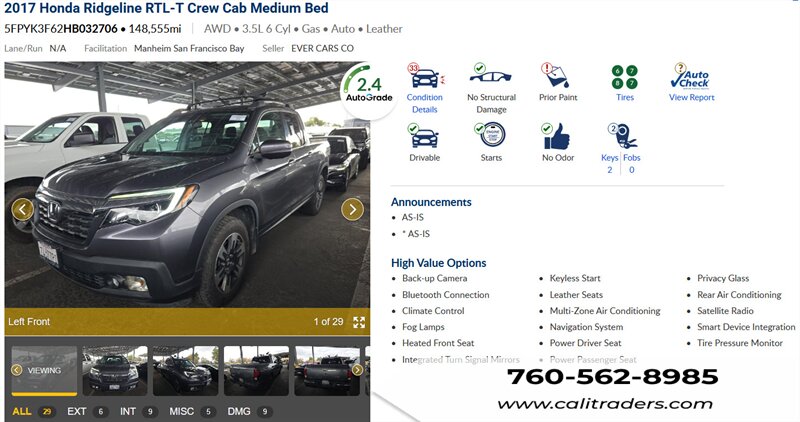 2017 Honda Ridgeline RTL-T   - Photo 1 - San Diego, CA 92154